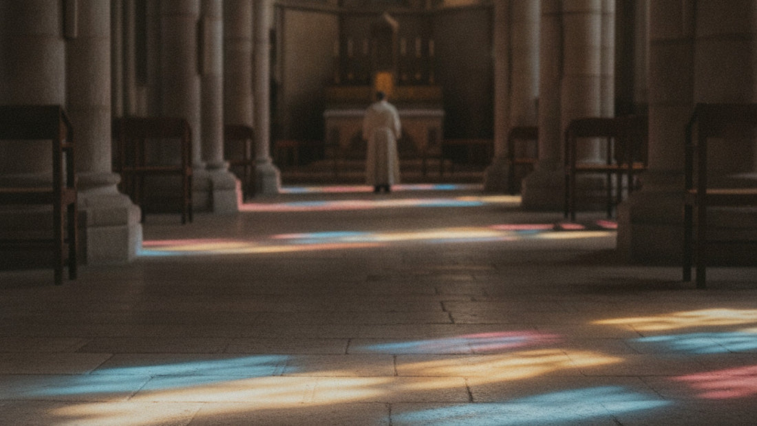 Lumière colorée d'un vitrail projetée en taches rouges, bleues et dorées sur le sol de pierre d'une nef vide