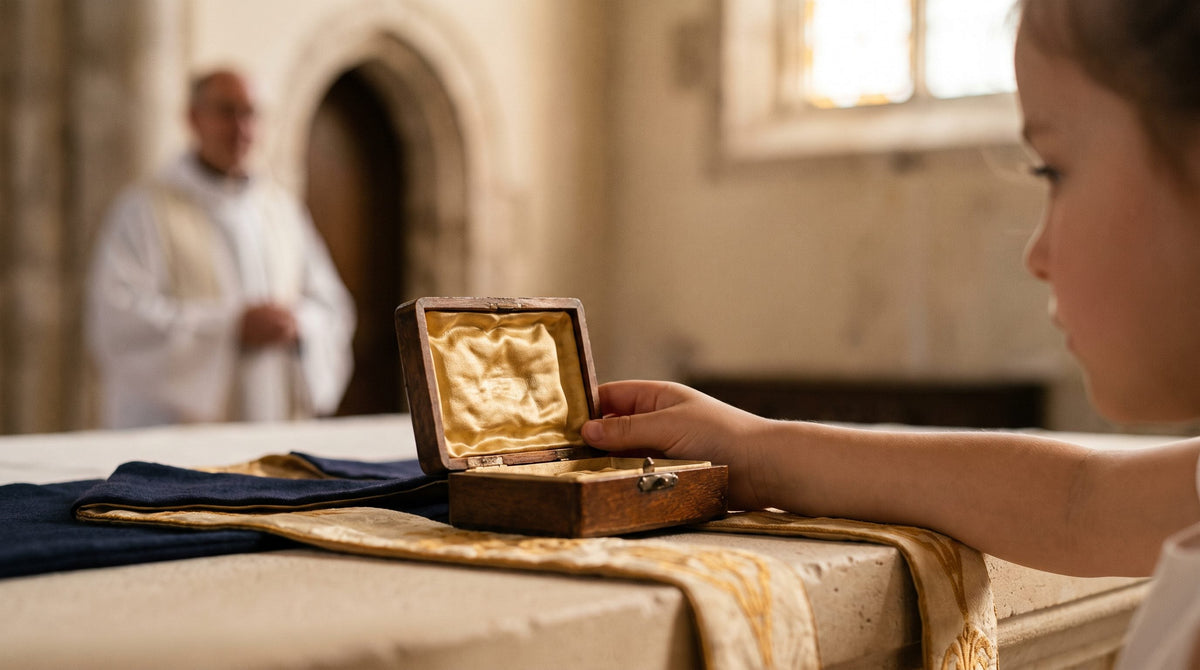 Cadeau de communion : un écrin ouvert présenté à un enfant le jour de sa communion