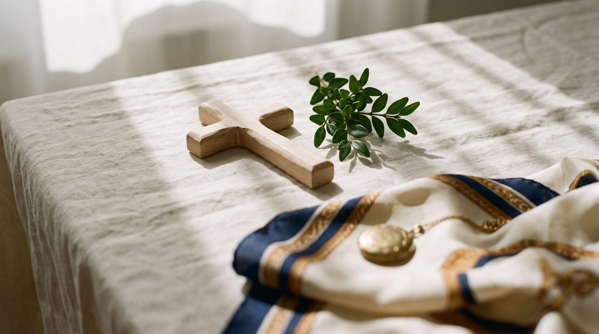 Cadeau de Pâques religieux : croix de bois et buis sur une nappe de fête