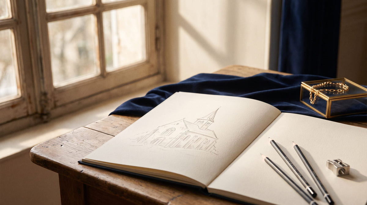 Comment dessiner une église : carnet de croquis ouvert sur un dessin d'église au crayon