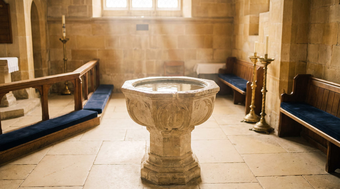 Comment devenir chrétien : fonts baptismaux et cierge pascal dans une église
