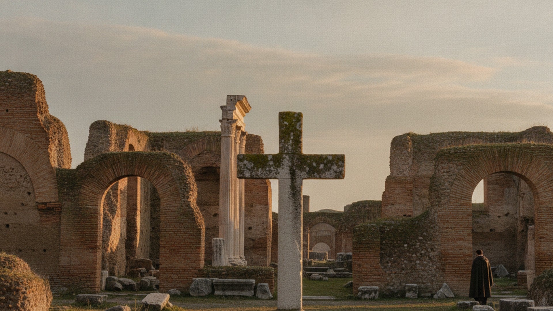 Ruines romaines de brique et de pierre sous un ciel pâle, une croix chrétienne ancienne dressée parmi elles
