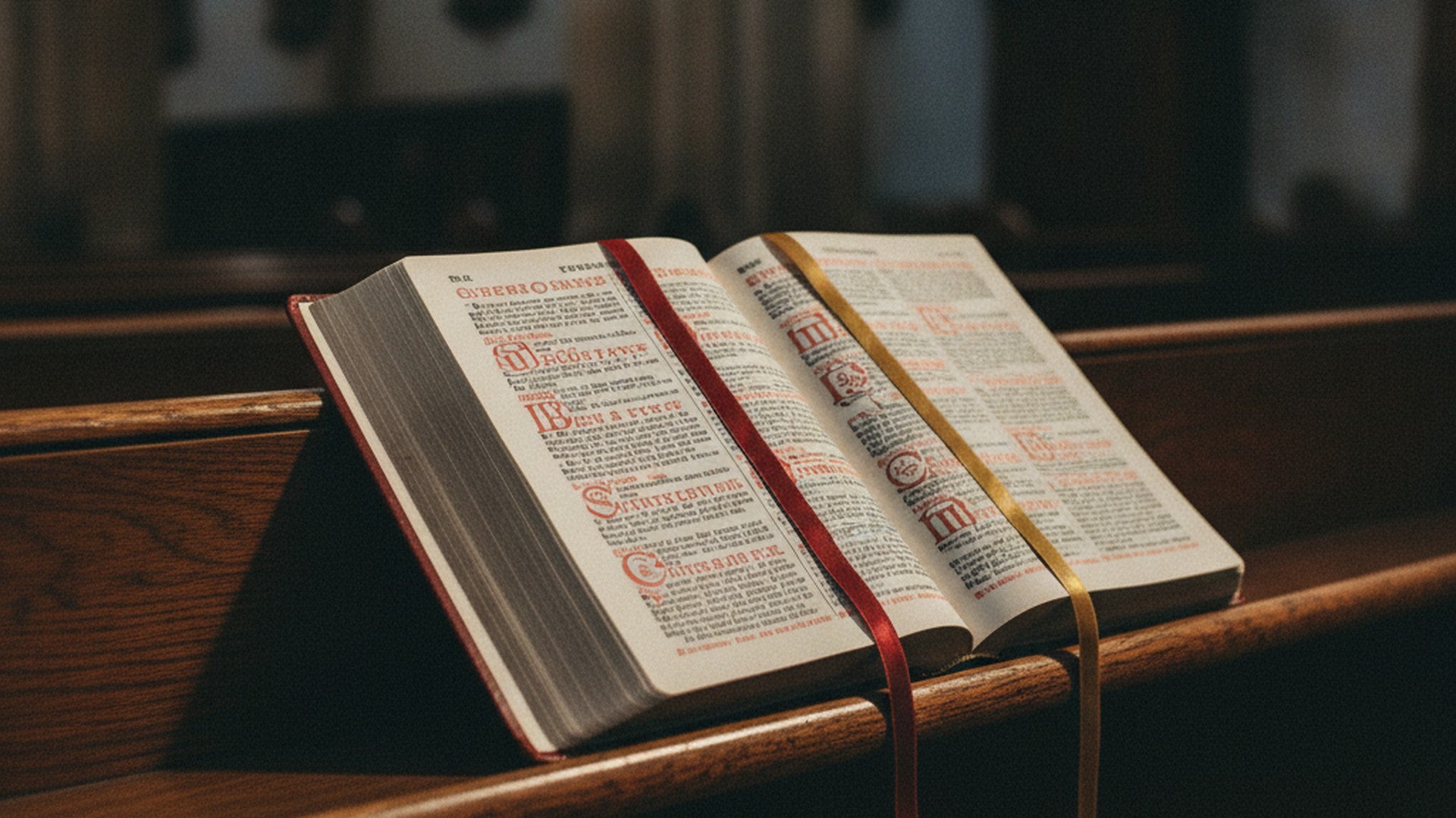 Missel ouvert au texte imprimé en rouge et noir, deux signets rubans, posé sur la tablette d'un banc d'église