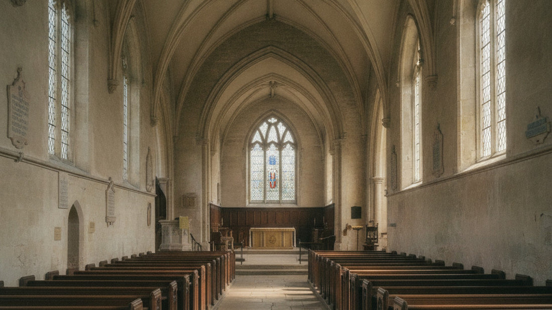 Nef d'une église paroissiale anglaise, arcs gothiques de pierre claire, bancs de bois nus, lumière du jour par les vitraux