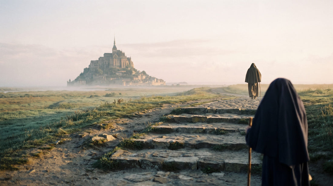 Lieux de pèlerinage chrétien en France : pèlerins sur le chemin du Mont-Saint-Michel