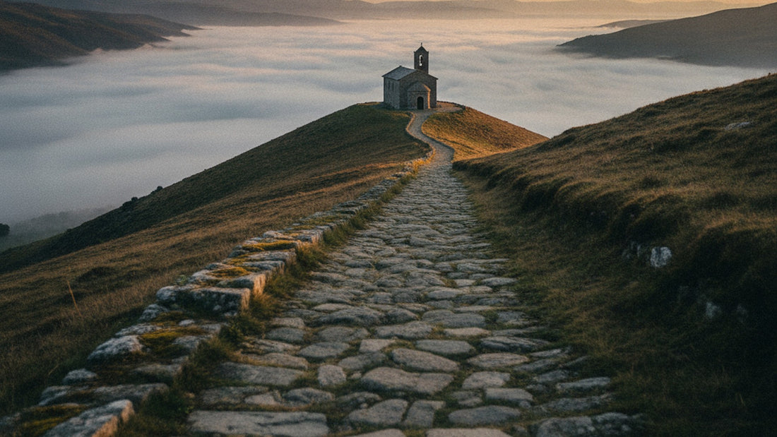 Sentier de pierre montant vers une chapelle de colline à l'aube, brume dans la vallée en contrebas