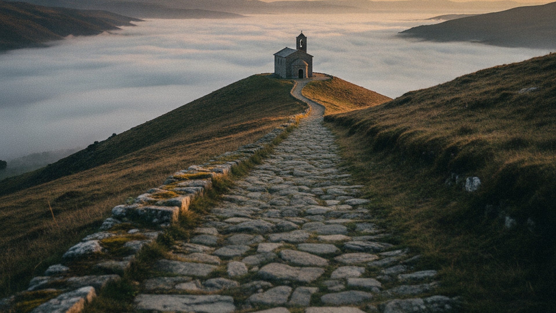 Sentier de pierre montant vers une chapelle de colline à l'aube, brume dans la vallée en contrebas