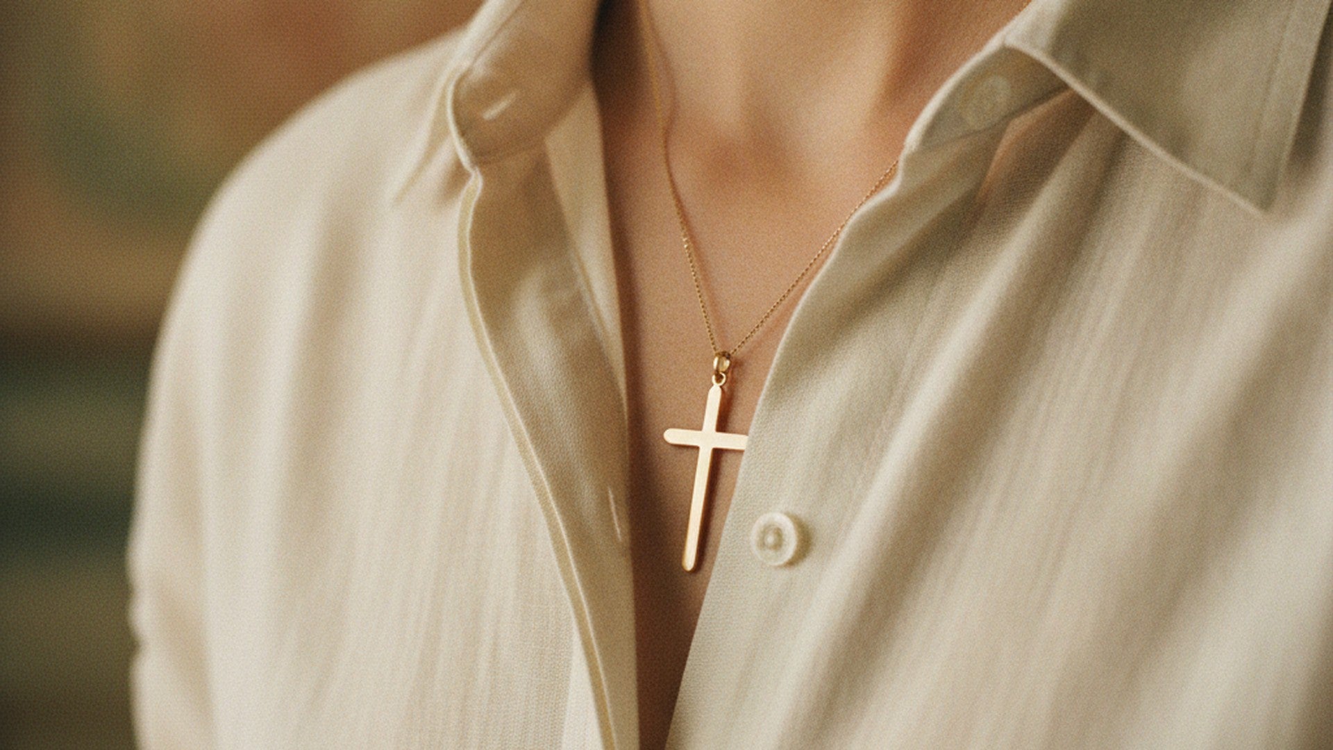 Gros plan sur un pendentif croix doré porté sur une chaîne fine, contre le col ouvert d'une chemise de lin crème