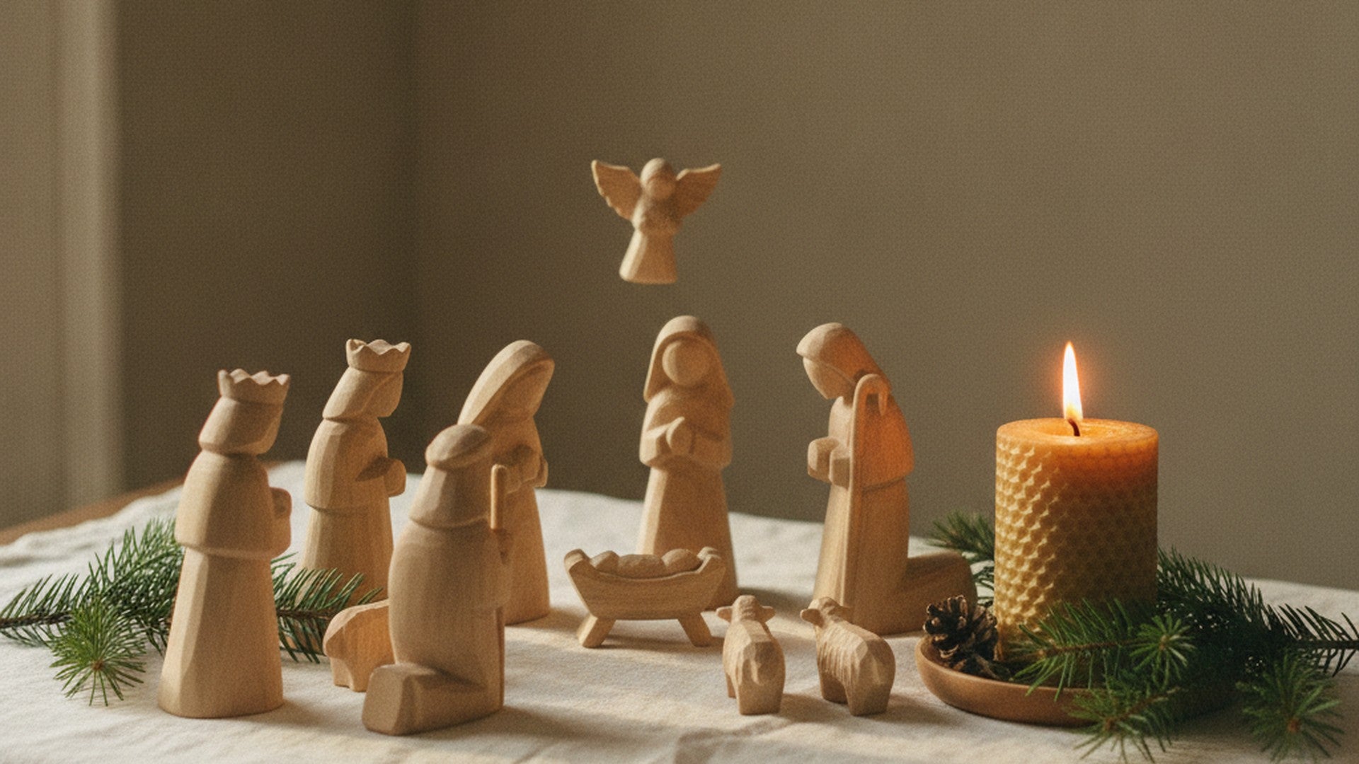 Crèche de bois sculptée disposée sur un linge, à côté d'une bougie allumée et de branches de pin