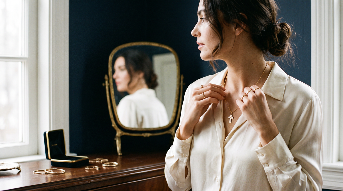 Quelle longueur de chaîne pour un collier : femme ajustant une chaîne avec croix dorée