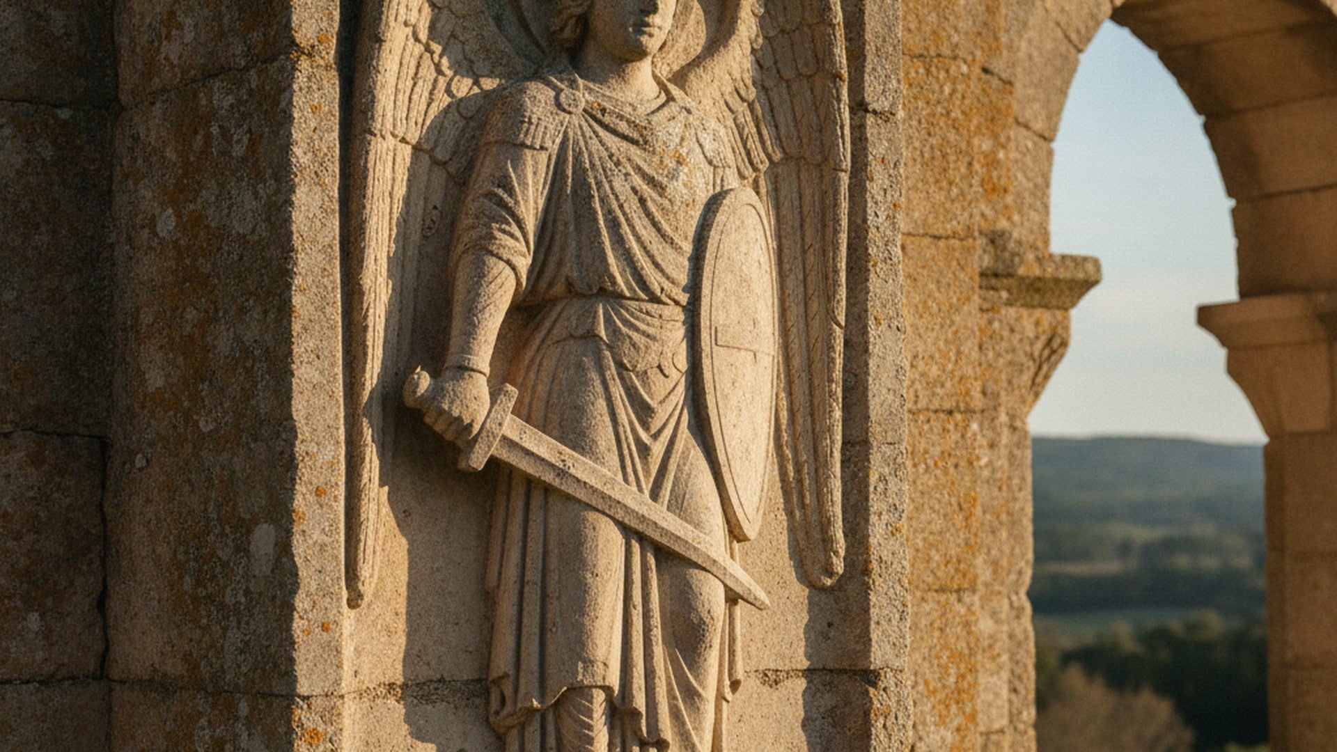 Relief médiéval en pierre calcaire de l'archange Michel tenant épée et bouclier, sur la façade d'une église romane