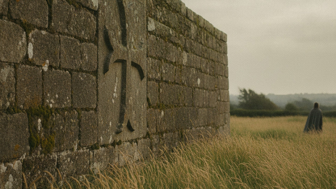 Mur de pierre d'une commanderie portant une croix templière sculptée, herbes hautes à son pied