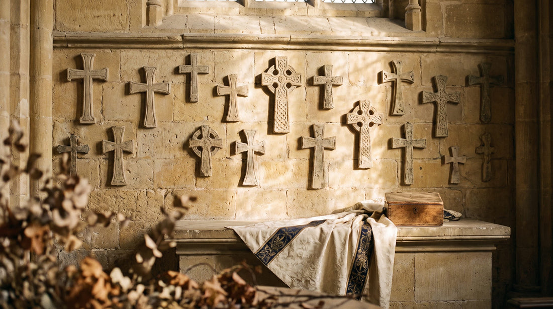 Signification des croix chrétiennes : plusieurs formes de croix sculptées dans la pierre