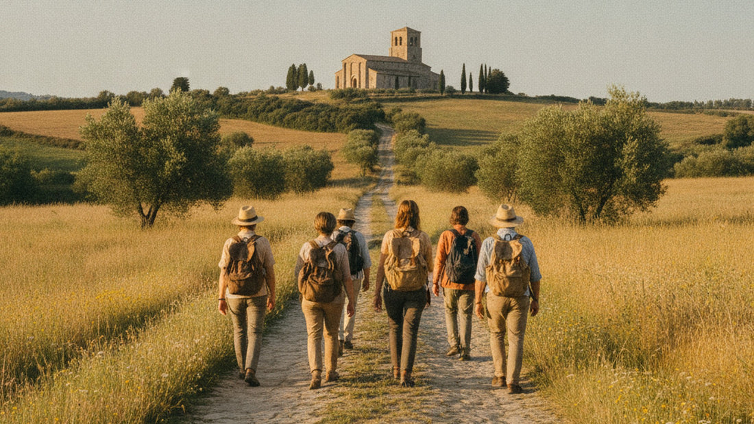 Groupe de pèlerins de dos marchant sur un chemin de pierre, sanctuaire roman au sommet de la colline