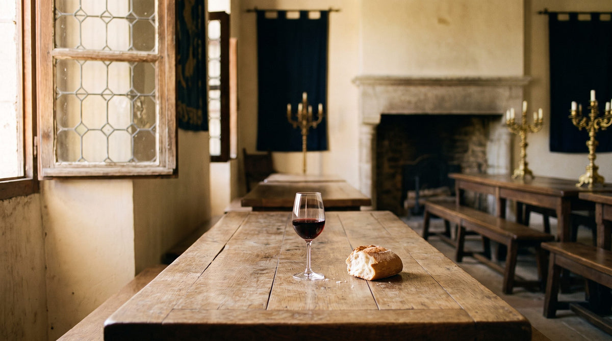 Un chrétien peut-il boire de l'alcool : verre de vin et pain sur une table de réfectoire