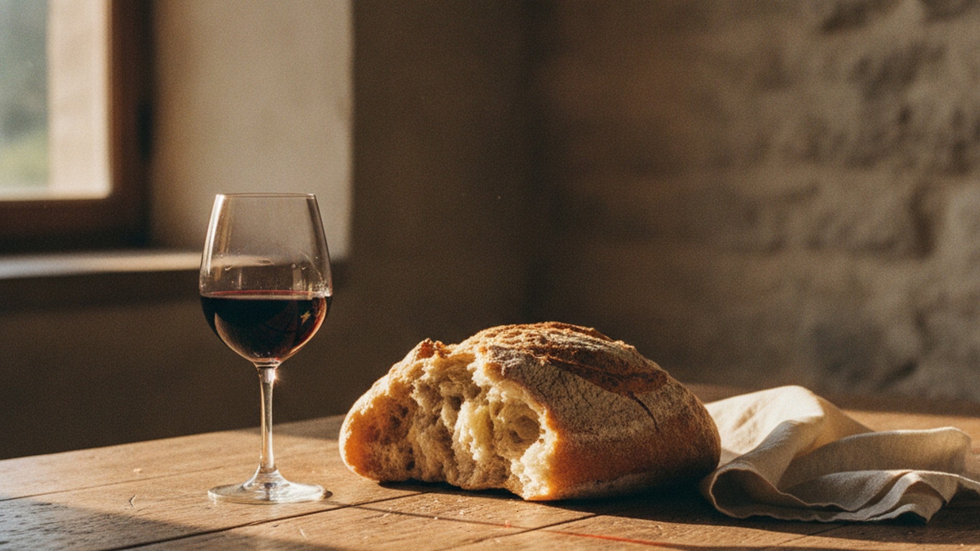 Un verre de vin rouge à côté d'une miche de pain rustique rompue, sur une table de chêne usée