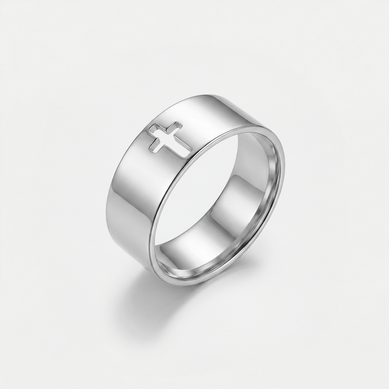 Bague croix anneau large argentée