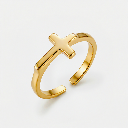 Bague croix chrétienne, dorée, sur fond blanc