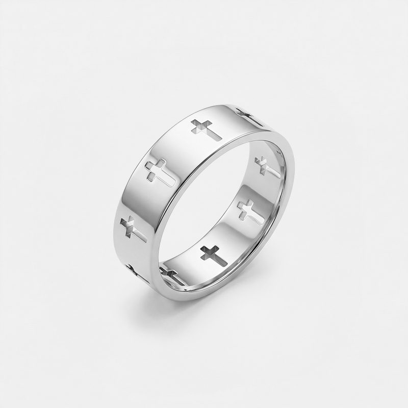 Bague croix de Jésus, dorée, sur fond blanc