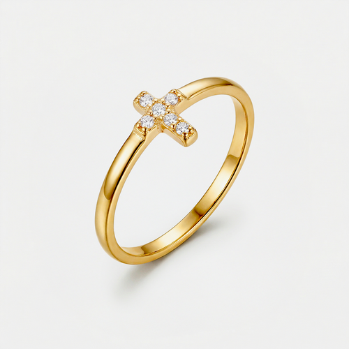 Bague croix du Christ, dorée, sur fond blanc
