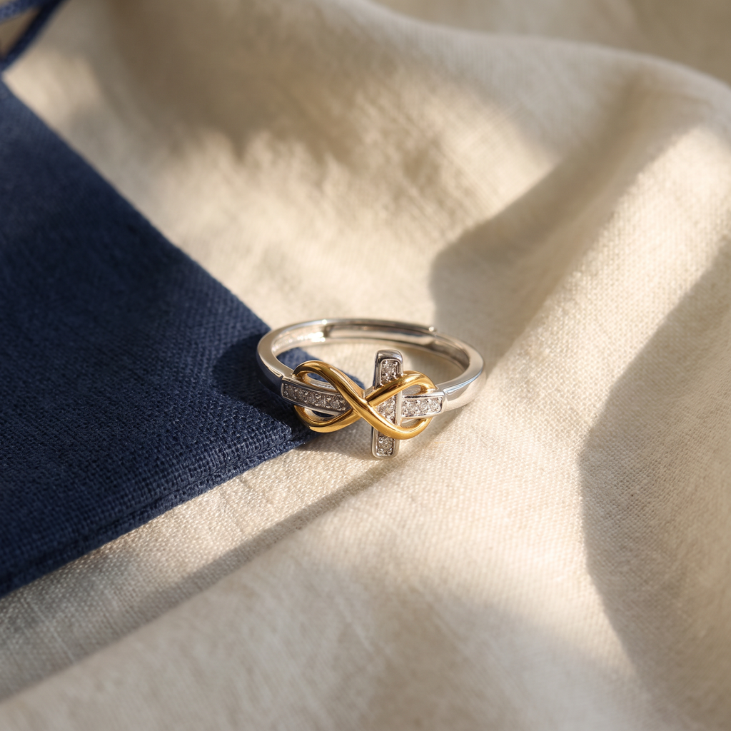 Bague croix infini - Perpétue posé sur du lin ivoire, pochon marine en accent