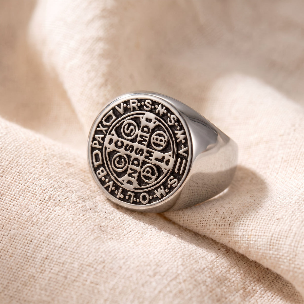 Bague Saint Benoît acier inoxydable argentée
