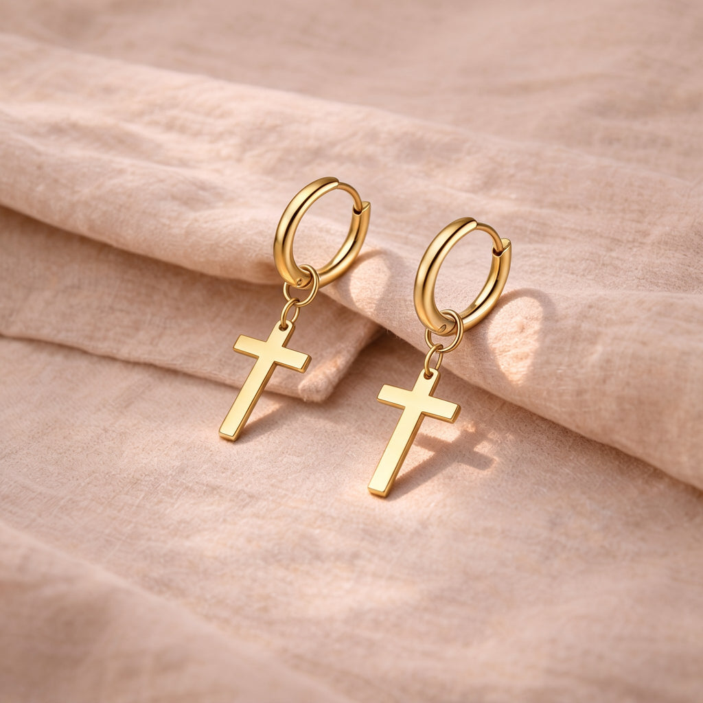Boucles d'oreilles croix acier dorées