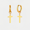 Boucles d'oreilles croix acier, dorées, sur fond blanc
