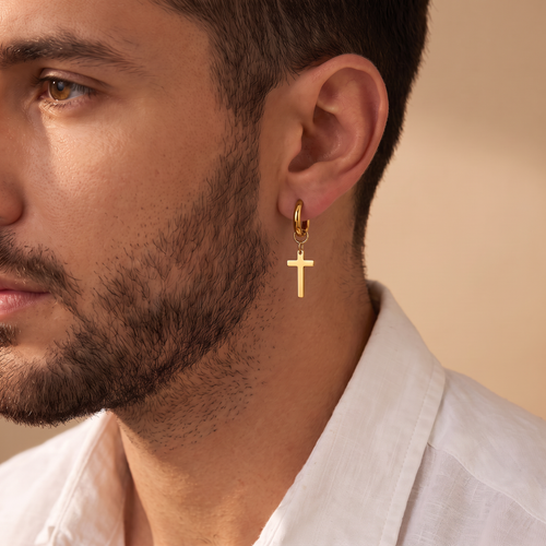 Boucles d'oreilles croix acier homme dorées