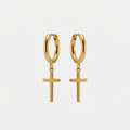 Boucles d'oreilles croix femme, dorées, sur fond blanc