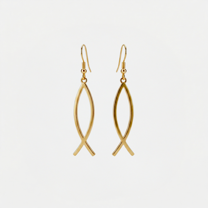 Boucles d'oreilles Ichtus, dorées, sur fond blanc