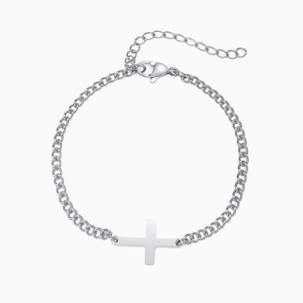 Bracelet acier homme croix, porté au poignet