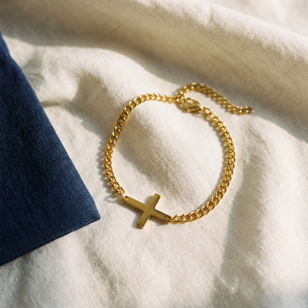 Bracelet acier homme croix - Christophe posé sur du lin ivoire, pochon marine en accent