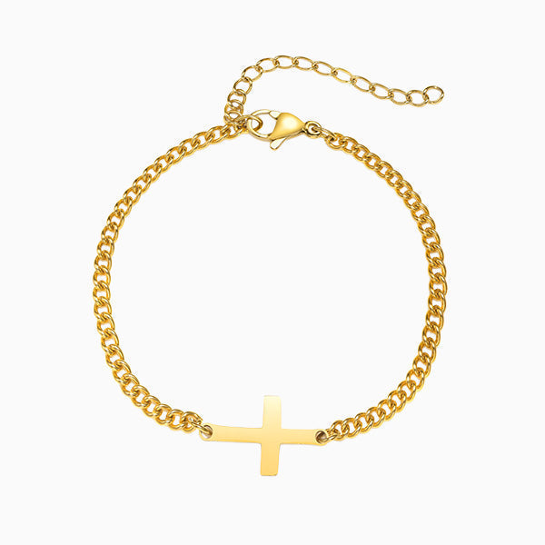 Bracelet acier homme croix, doré, sur fond blanc