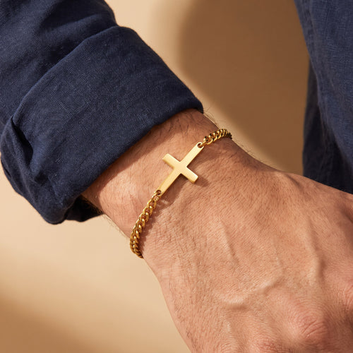 Bracelet acier homme croix doré