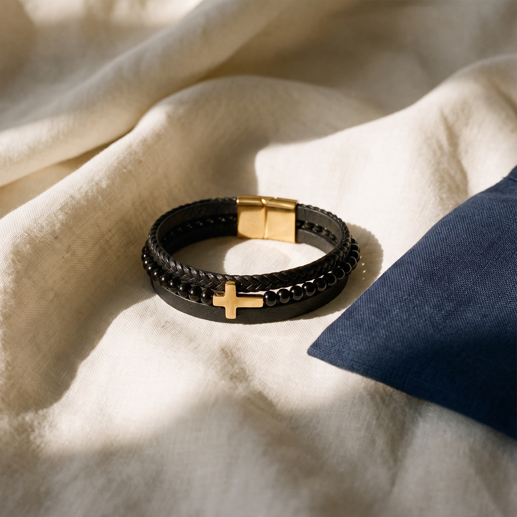 Bracelet croix cuir - Crépin posé sur du lin ivoire, pochon marine en accent