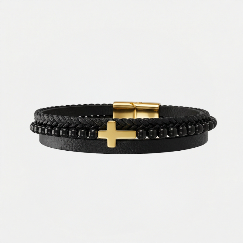 Bracelet croix cuir, noir, sur fond blanc