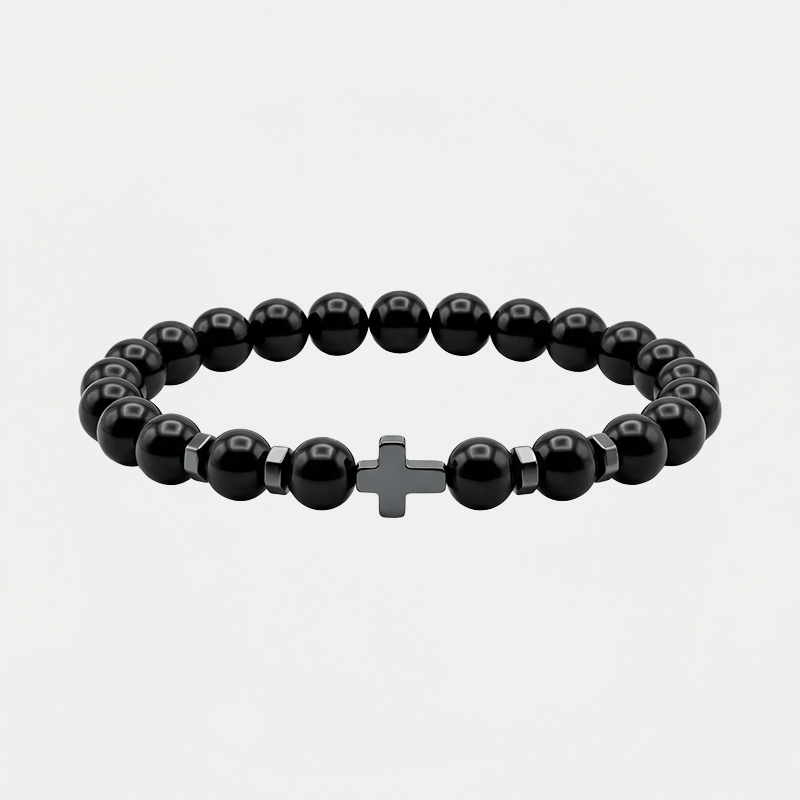 Bracelet croix pierre naturelle, noir, sur fond blanc