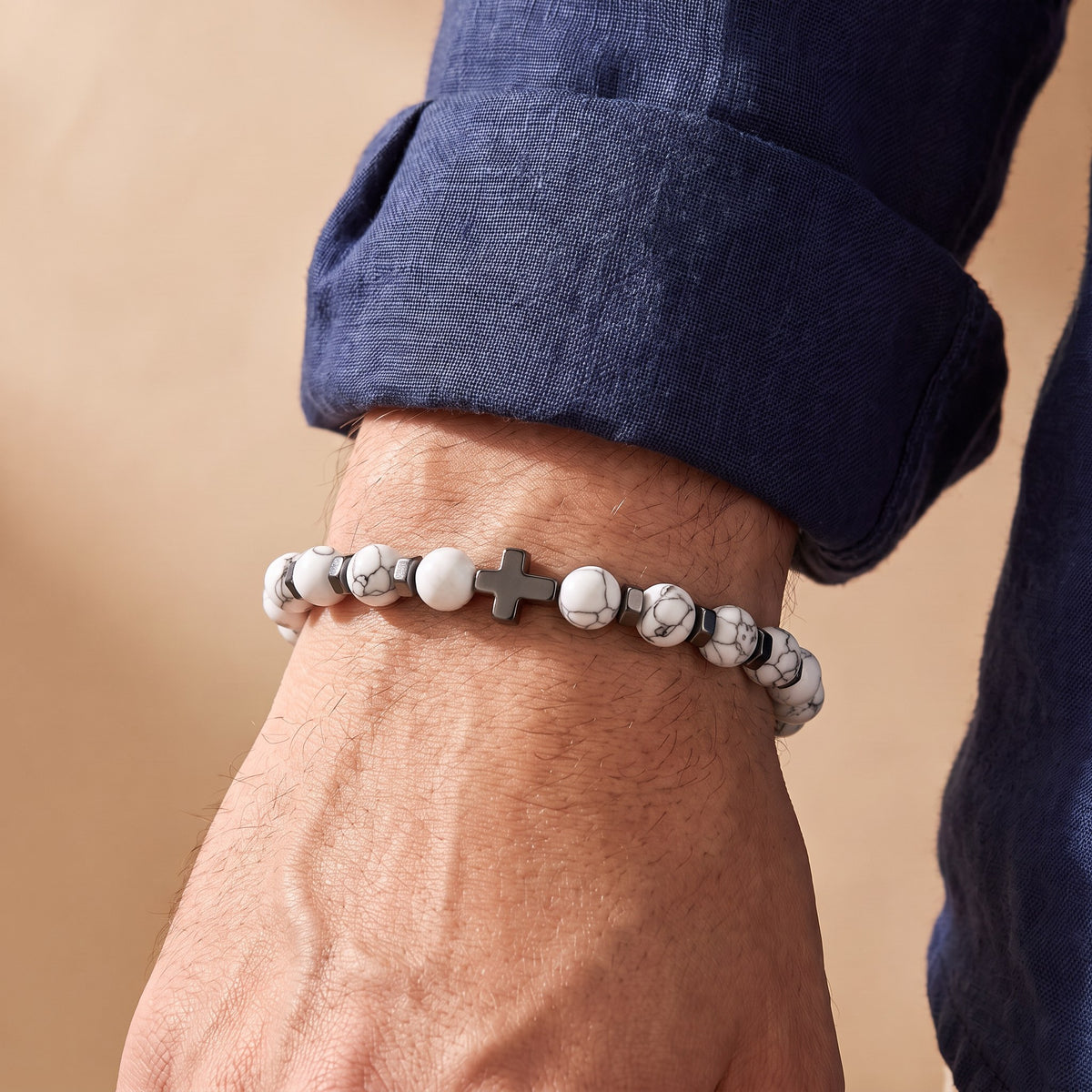 Bracelet croix pierre naturelle homme blanc