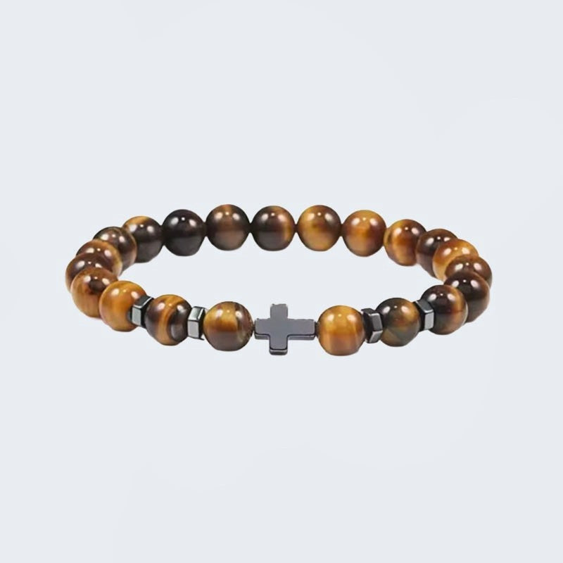 Bracelet croix pierre naturelle marron