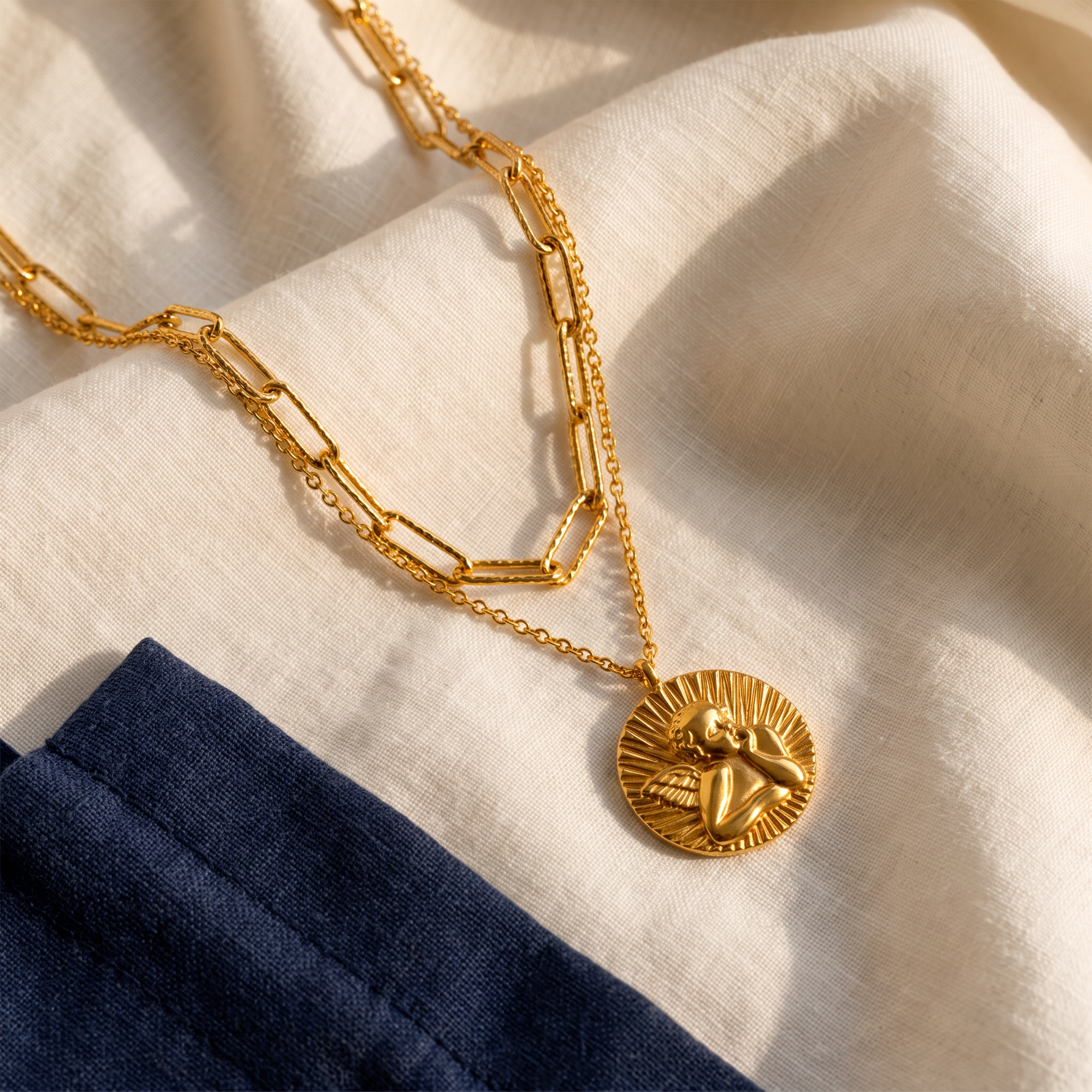 Collier Ange Gardien - Françoise posé sur du lin ivoire, pochon marine en accent
