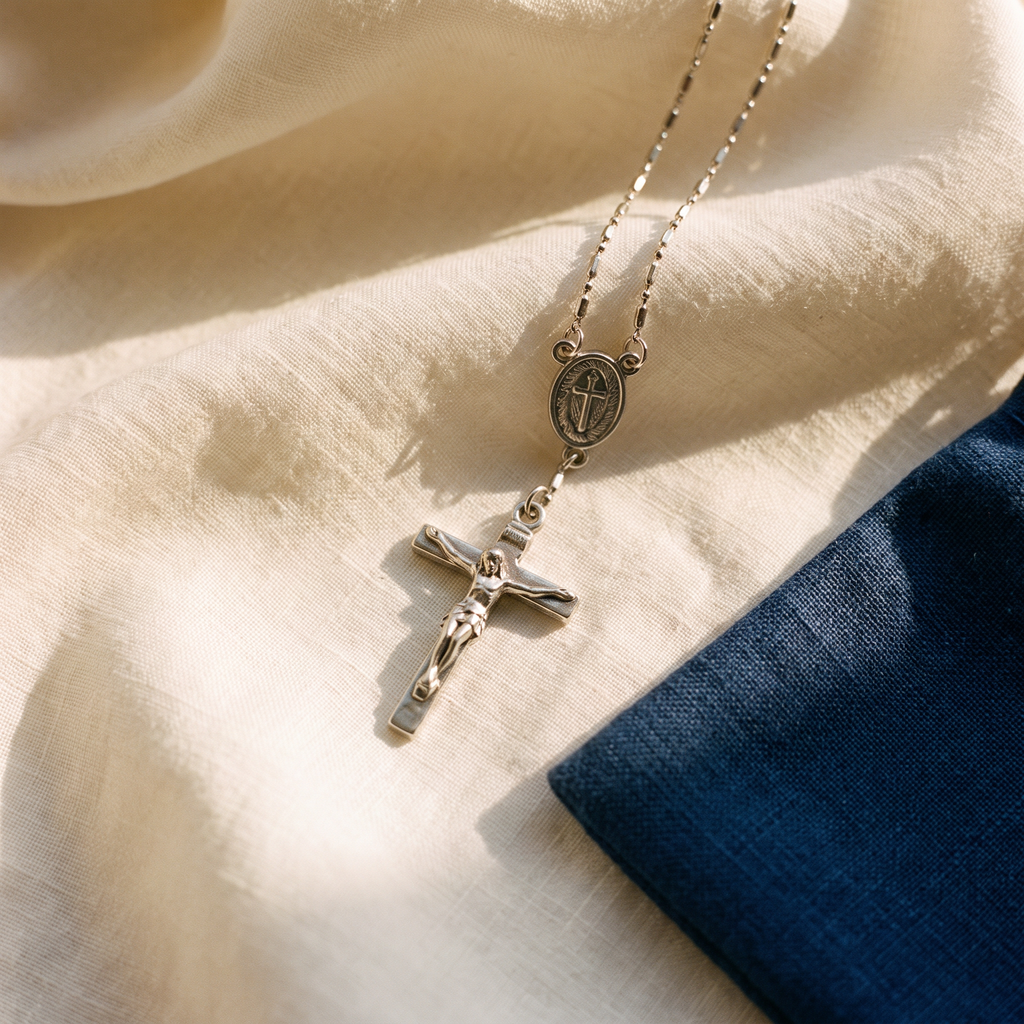 Collier chapelet - Alix posé sur du lin ivoire, pochon marine en accent