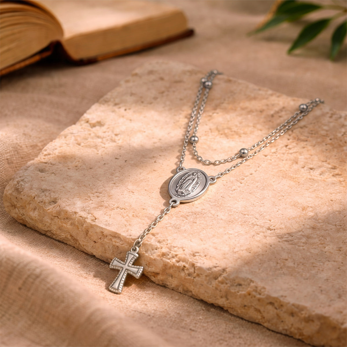 Collier chapelet croix perles acier inoxydable