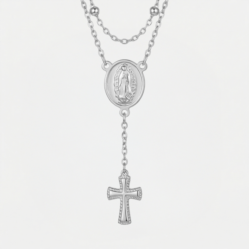 Collier chapelet croix argentée