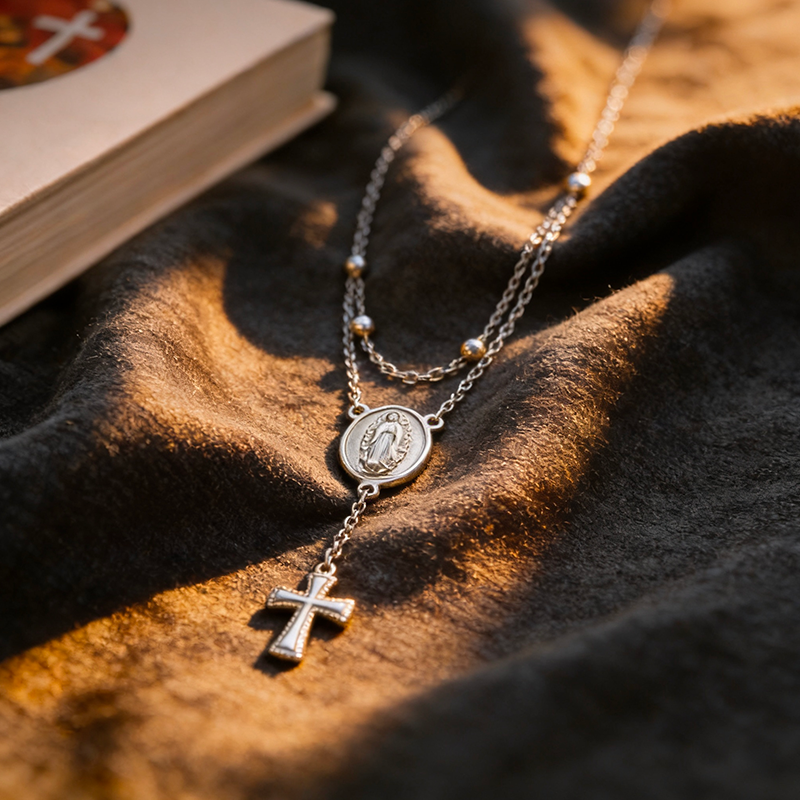 Collier chapelet croix argentée