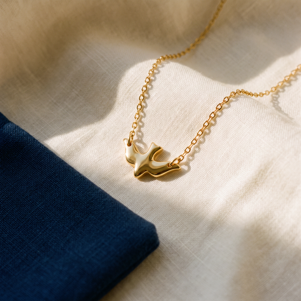 Collier colombe Saint Esprit - Colombe posé sur du lin ivoire, pochon marine en accent