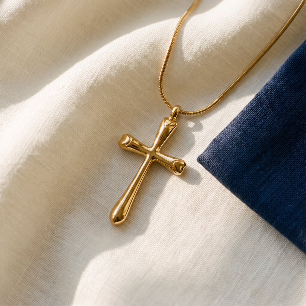 Collier croix doré - Aurélie posé sur du lin ivoire, pochon marine en accent