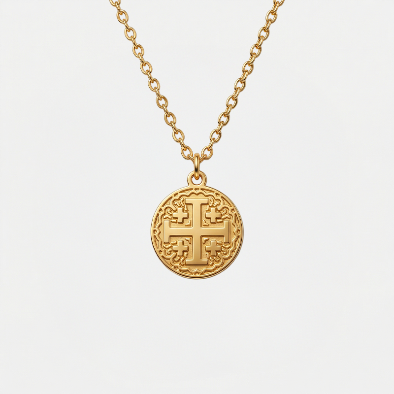 Collier croix de Jérusalem, doré, sur fond blanc