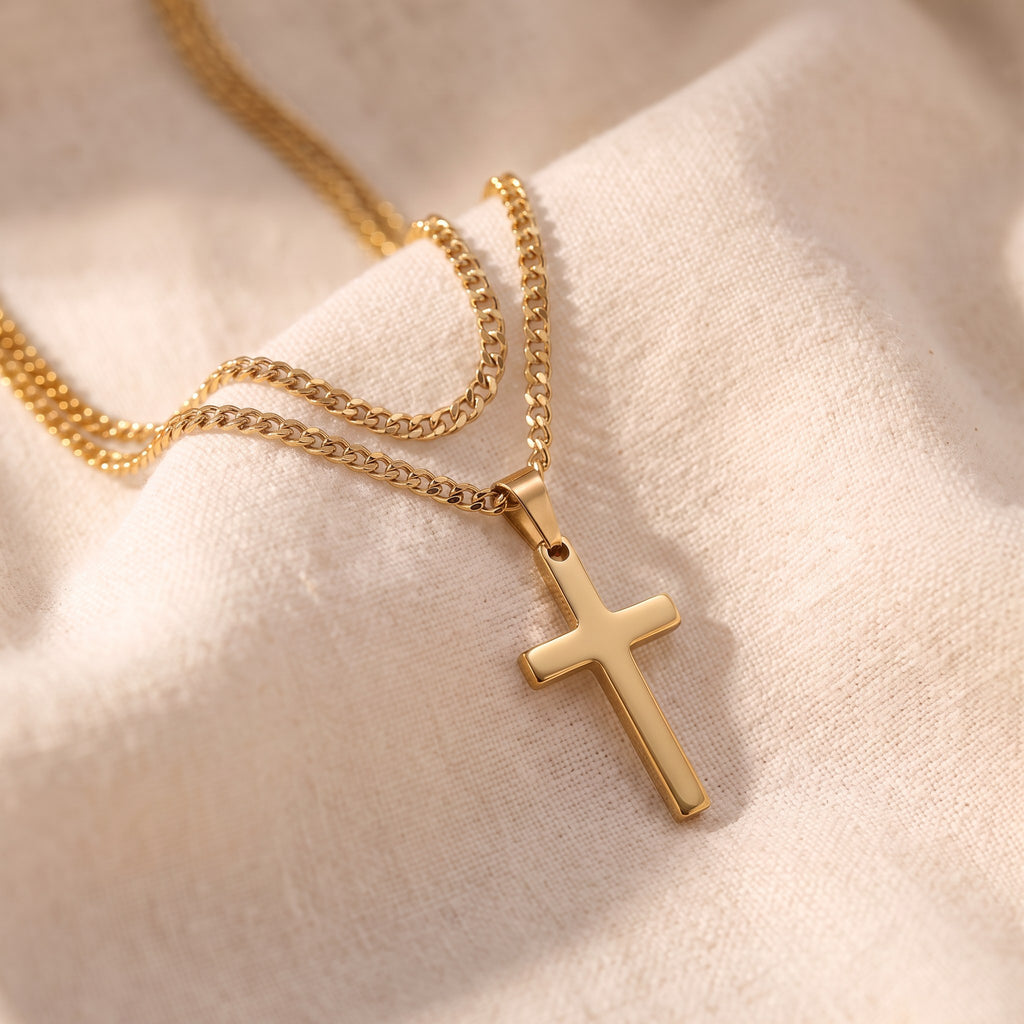 Collier croix double acier inoxydable doré