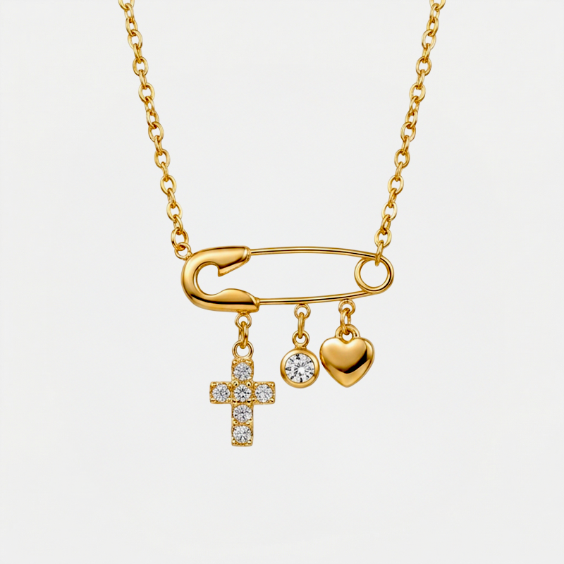 Collier croix épingle, doré, sur fond blanc